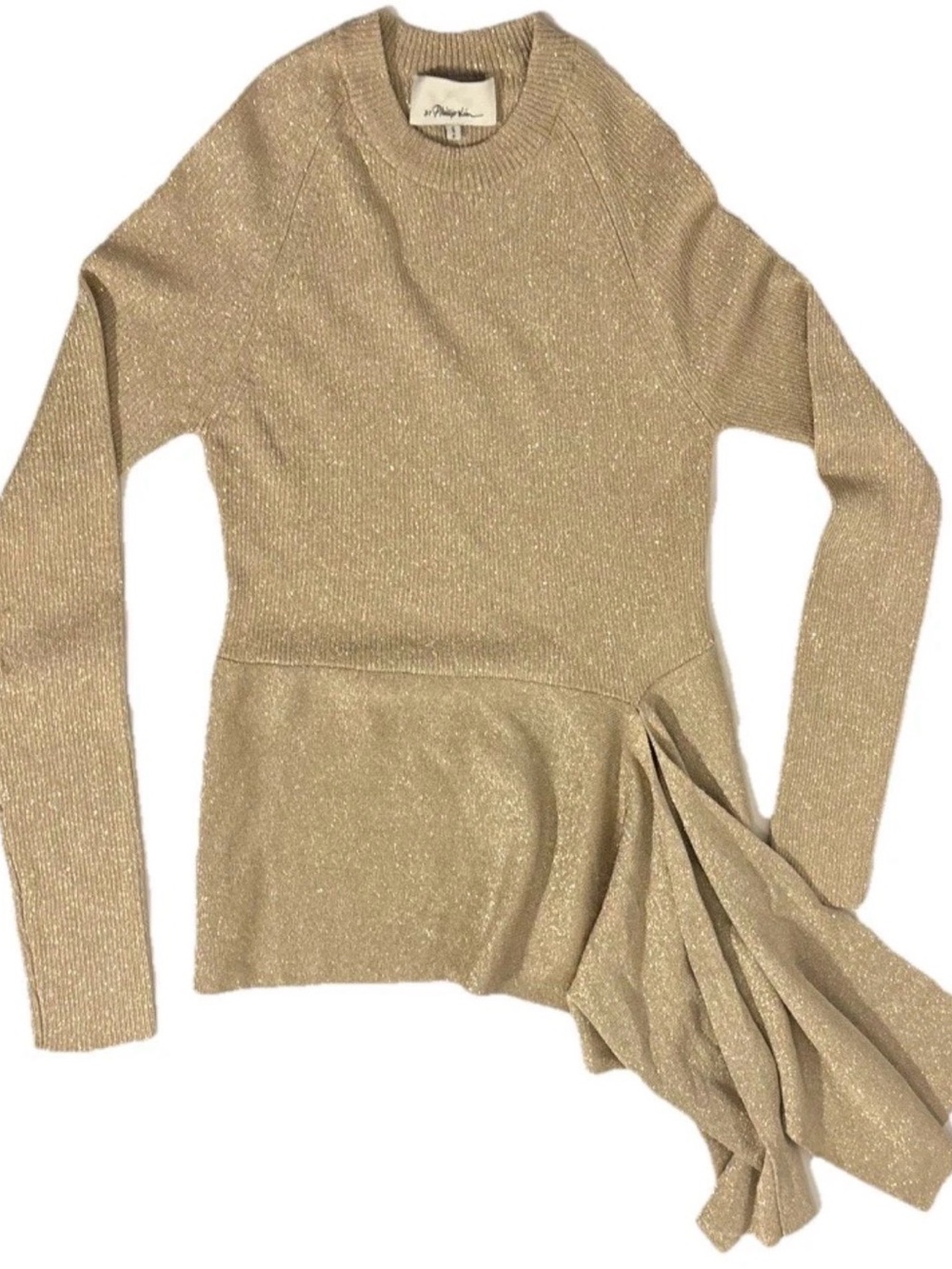 3.1 PHILLIP LIM Metallic Rib-Knit Crewneck Pullover Sweater w/ Waist Tie Sz S